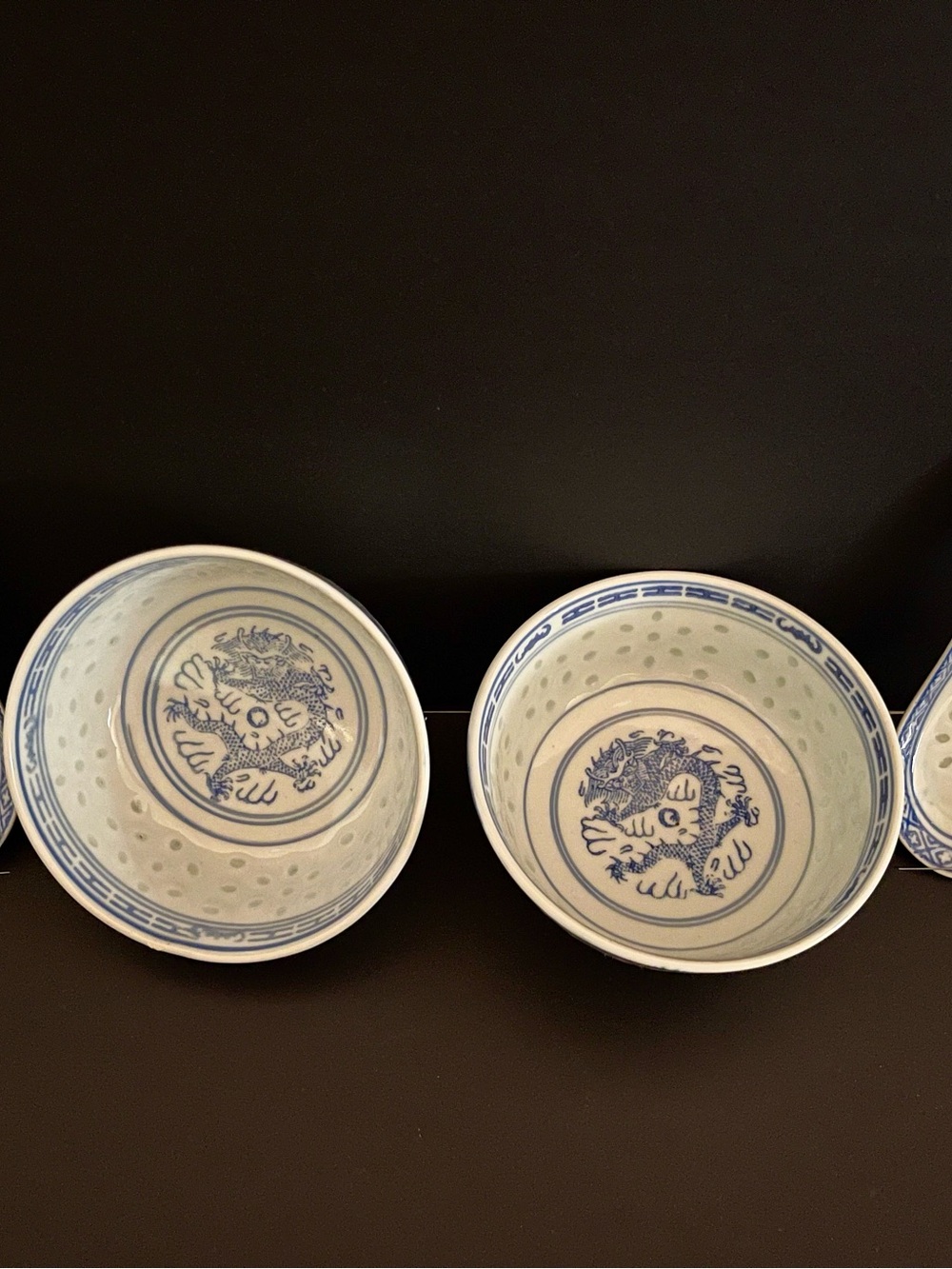 Vintage Chinese Blue & White Rice Grain Dragon Soup Set - 2 Bowls + 2 Spoons